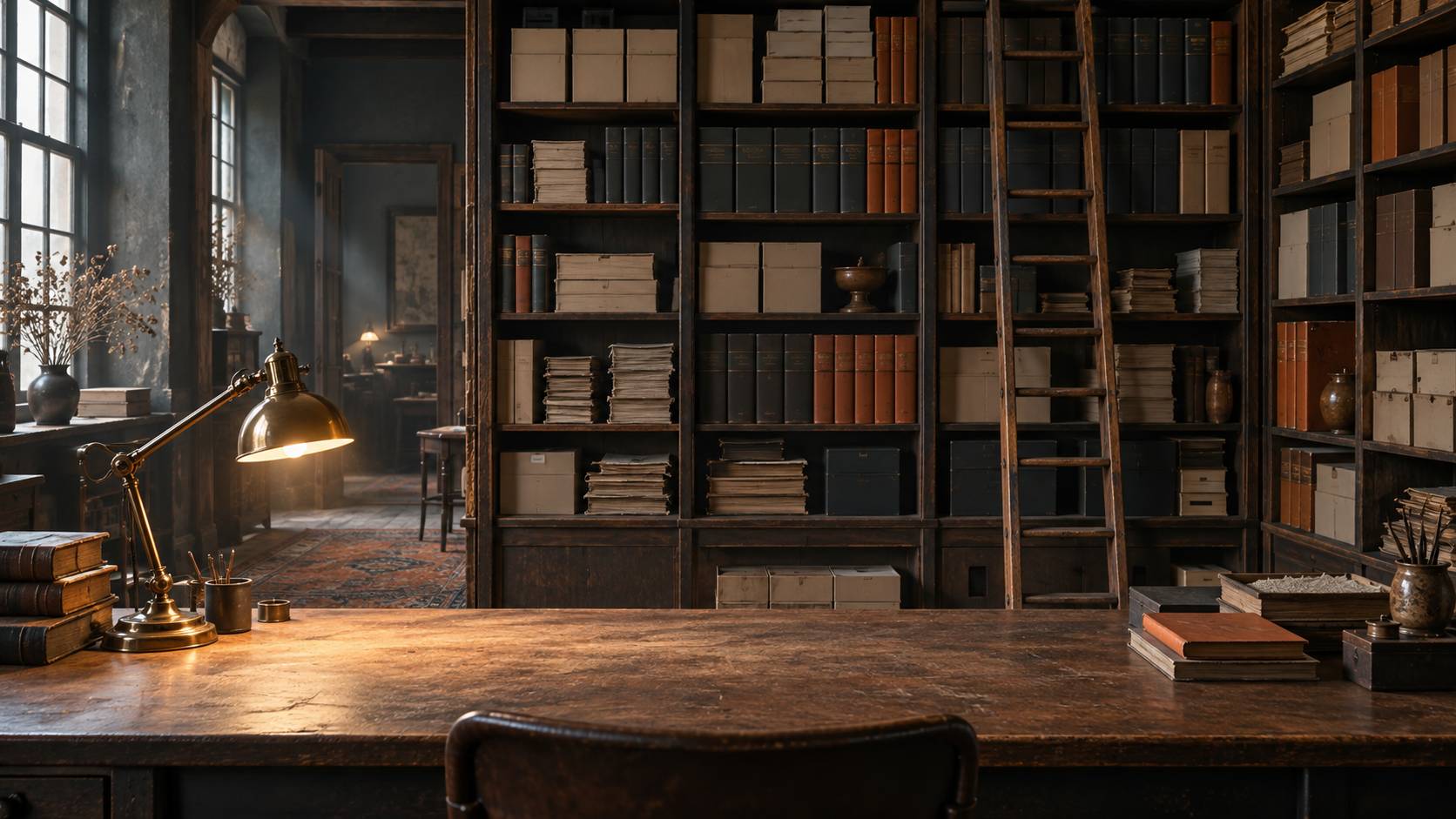 Rayonnage d'archives en bois avec lampe d'architecte allumée