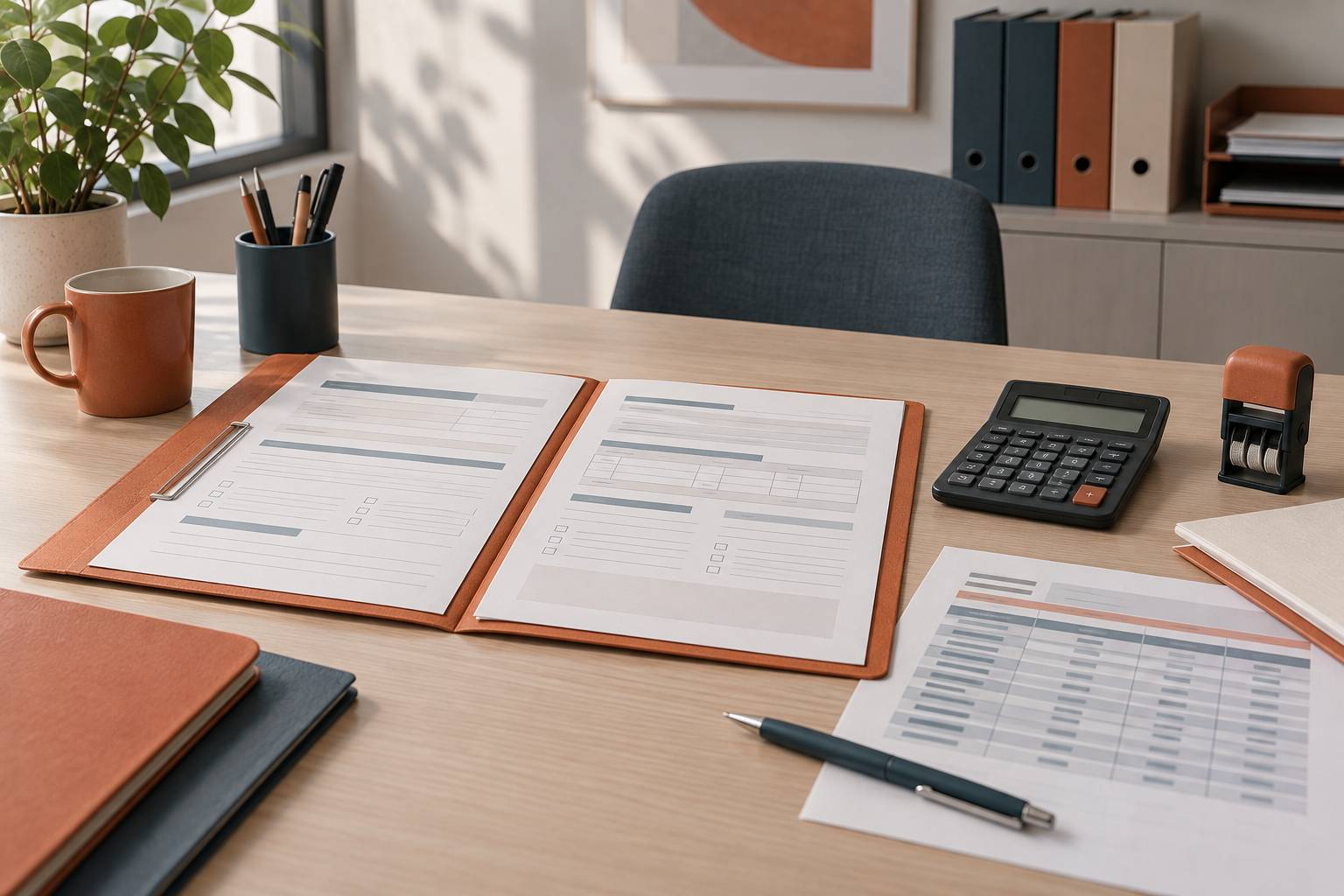 Dossier de demande de logement avec formulaires et calculatrice sur un bureau