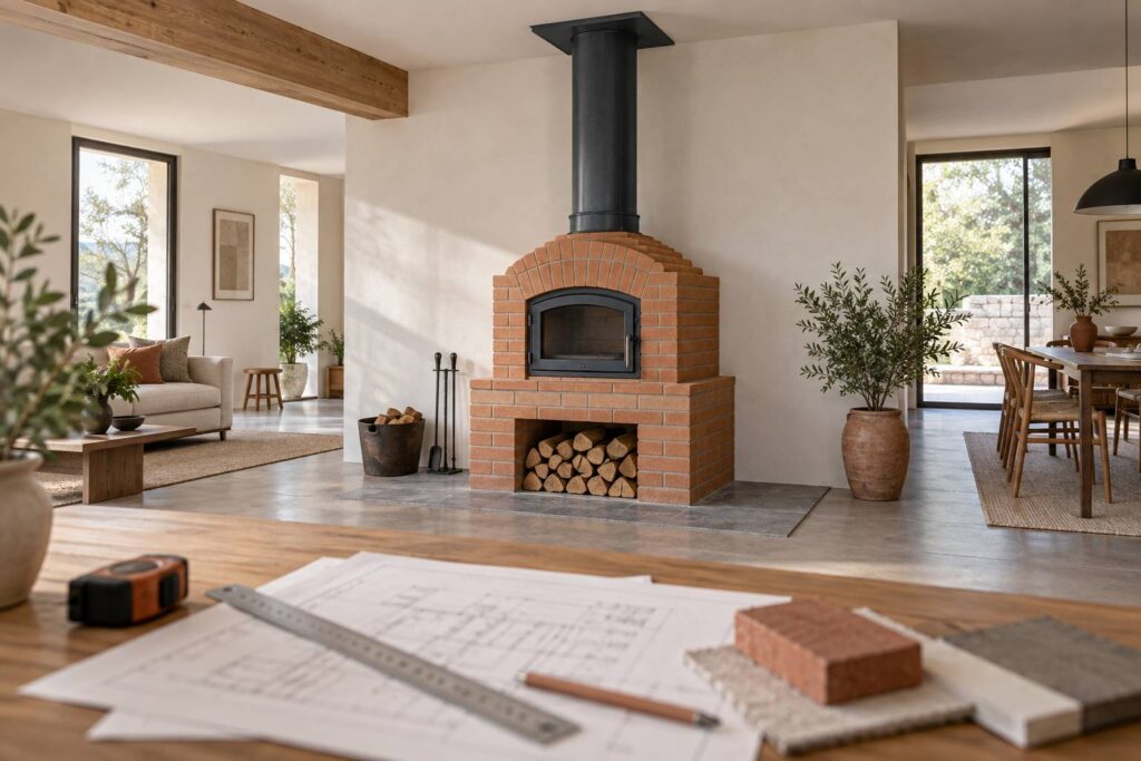 Illustration éditoriale du sujet : Four à bois en maison : conduit, distances de sécurité et conformité