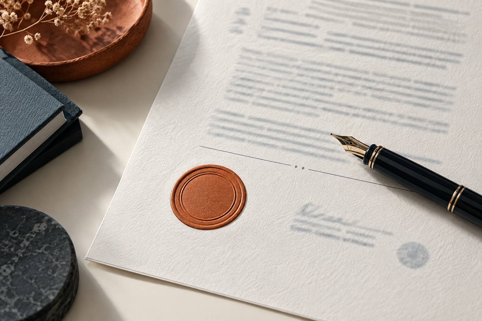 Gros plan sur un acte notarié signé avec sceau et stylo plume