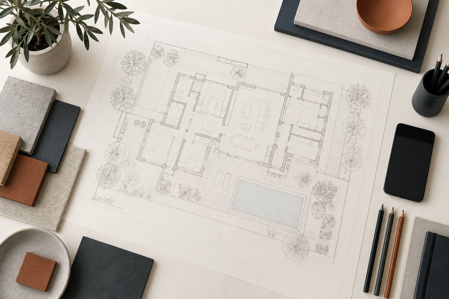 Plan de bâtiment au trait gris et calculatrice sur un bureau d'étude