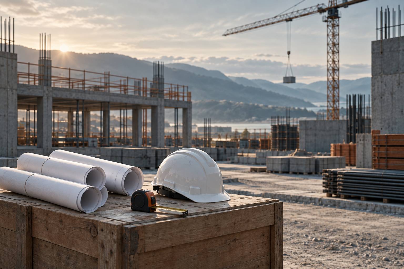 Plans roulés et casque de chantier posés sur une caisse en extérieur