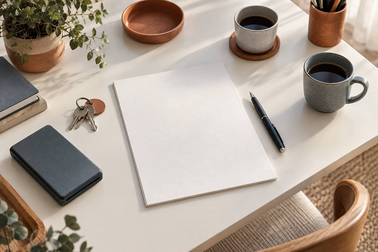Bureau avec contrat neutre, stylo et trousseau de cles