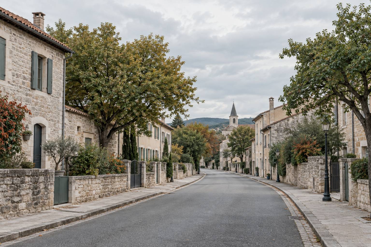 Maison individuelle au bord d'une forêt avec jardin et allée de gravier en matinée d'automne