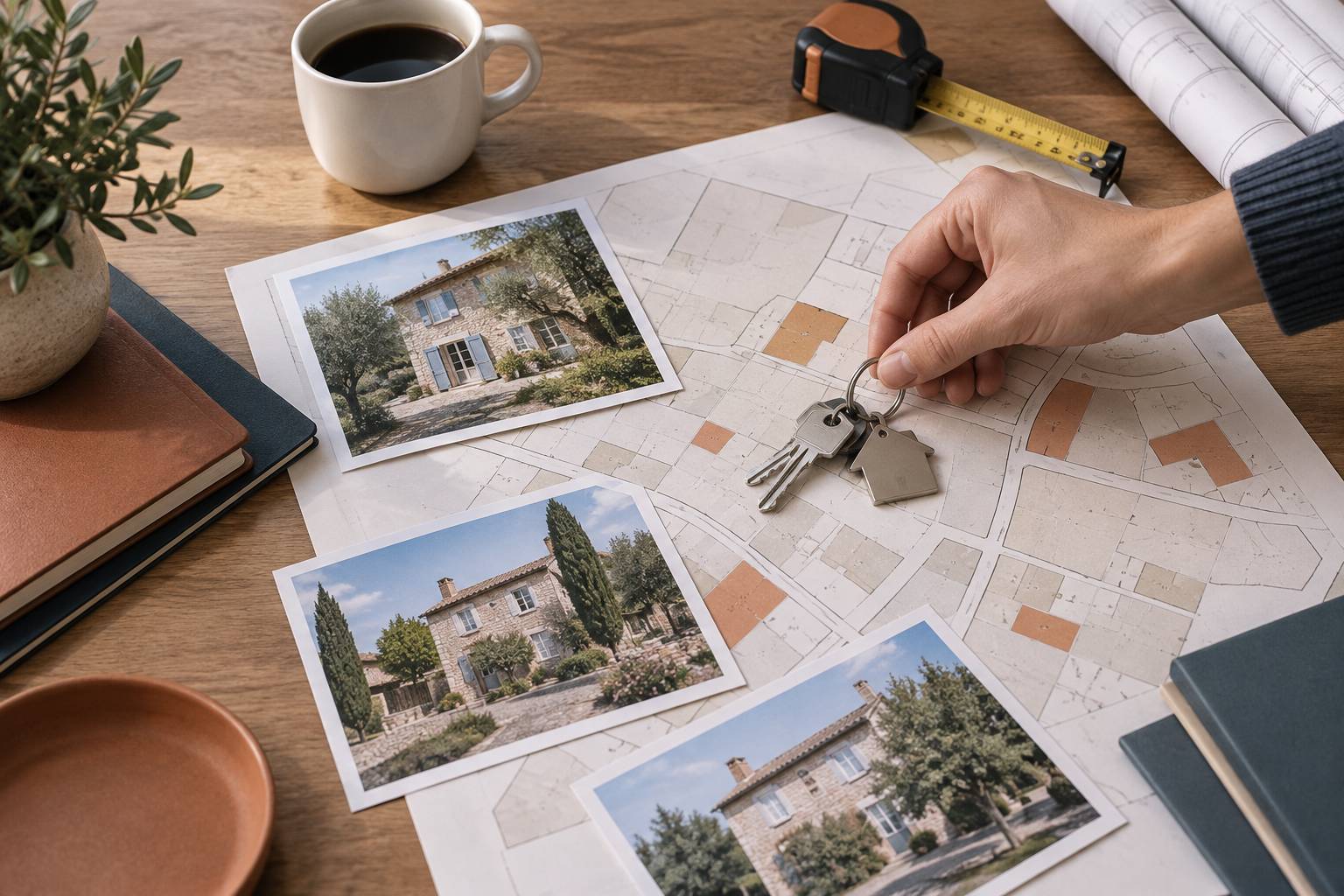 Vue large d'une table de consultation immobilière : main posant un trousseau de clés sur un plan cadastral pap