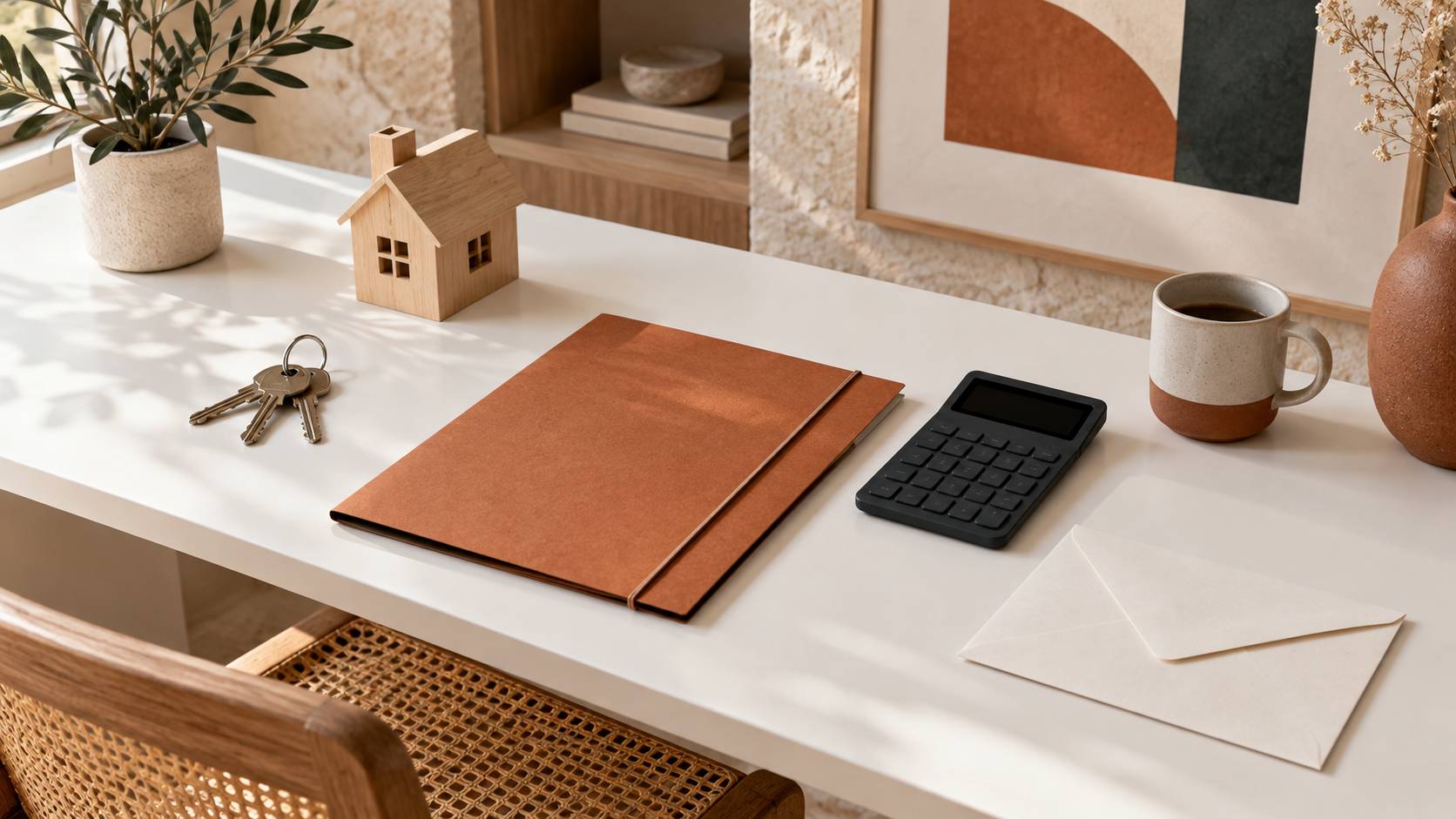 Bureau clair avec jeu de cles, maquette de maison en bois et dossier ferme