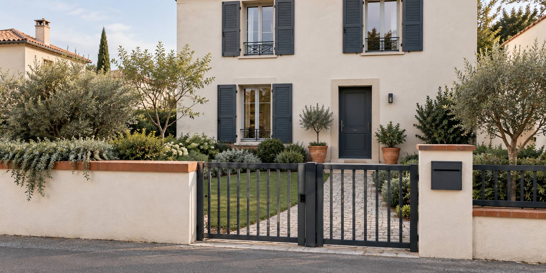 Quartier residentiel calme avec maisons familiales, jardins et rue bordee d'arbres