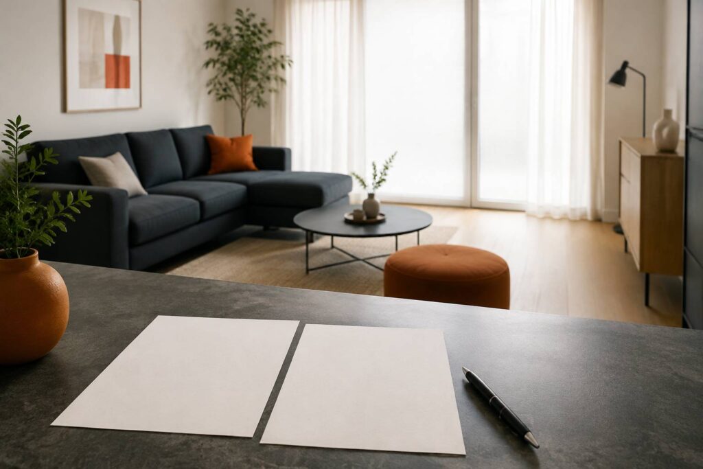 Salon d'appartement lumineux avec canapé gris ardoise lors d'une visite immobilière