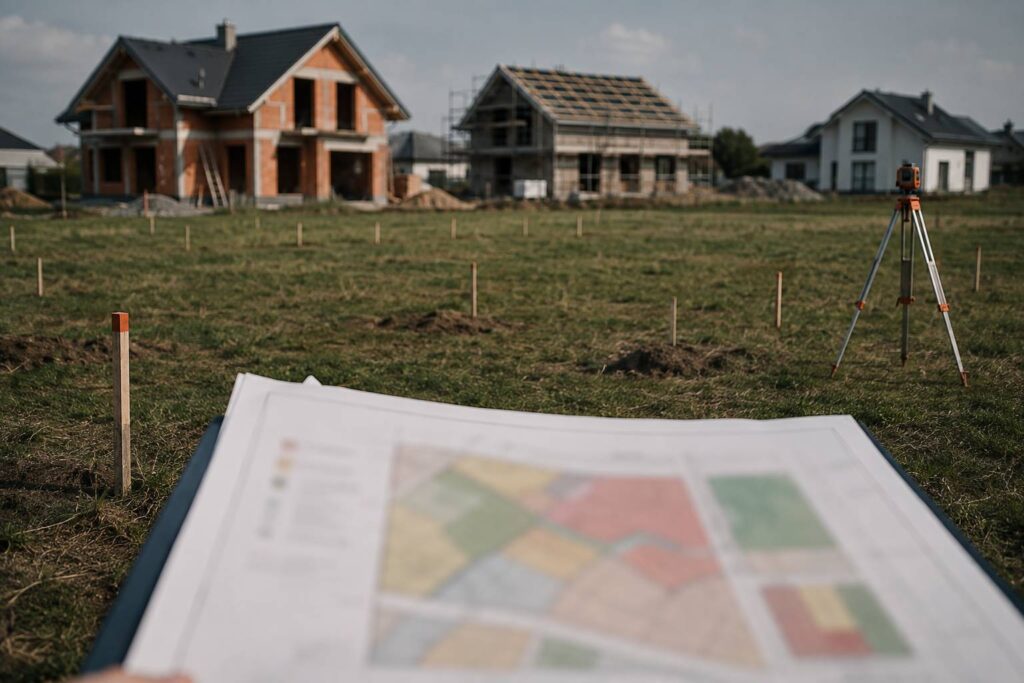 Parcelle constructible bornée avec piquets et document d'urbanisme au premier plan
