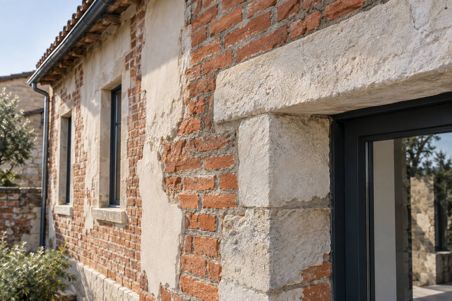 Mur de briques terracotta et linteau de pierre sur une maison ancienne