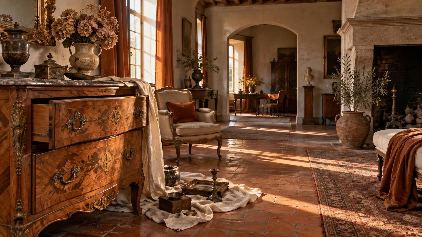 Vue rapprochee d'une commode ancienne et d'objets mobiliers poses sur un drap