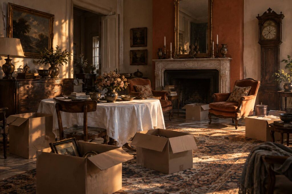 Mobilier ancien dans un salon en cours d'inventaire avant une vente