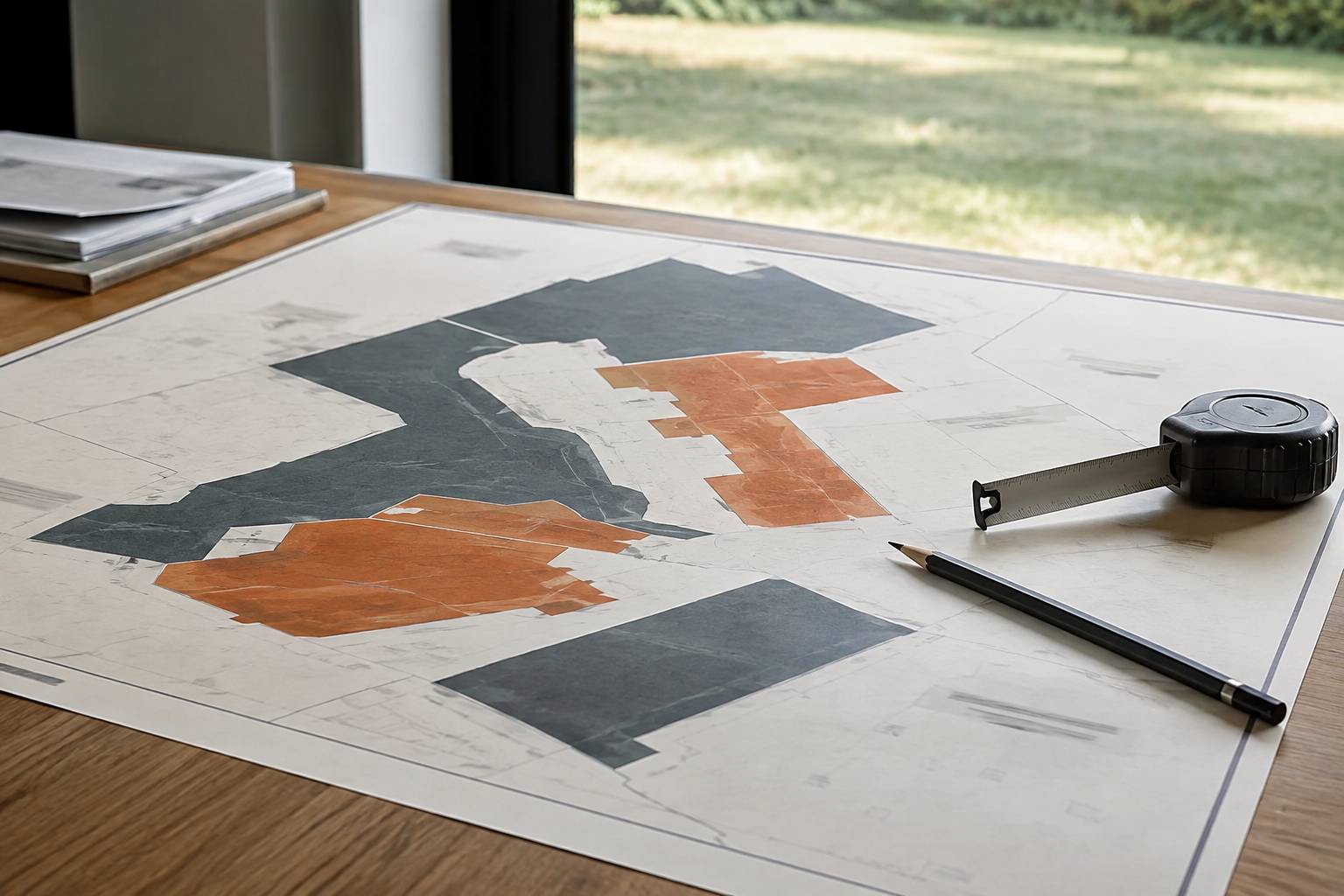 Plan de zonage flou posé sur une table avec crayon et mètre ruban