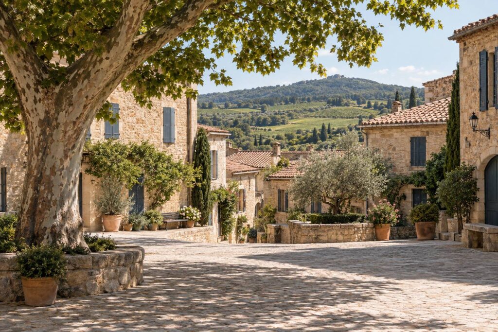 Vue large d'un village languedocien générique en pierre calcaire ocre : ruelles étroites bordées de maisons de