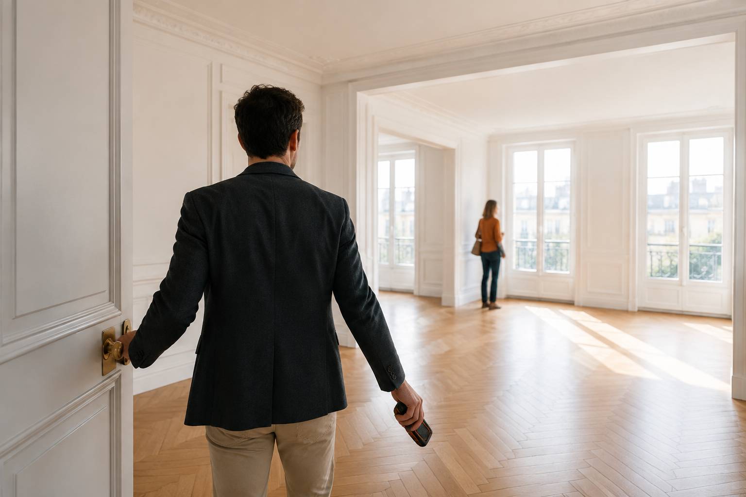 Agent ouvrant la porte d'un appartement clair en visite